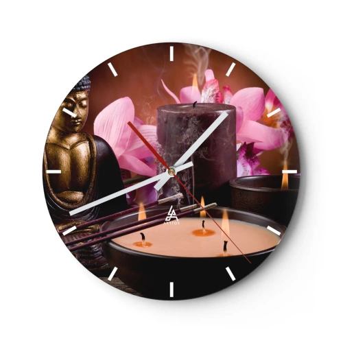 Ceas de perete - Ceas pe sticlă - Un set de lumânări, tămâie și o sculptură a lui Buddha cu flori roz - 30x30cm - Eliberați mintea, calmați corpul - Decorațiune modernă pentru perete pentru living, bucătărie și dormitor ARTTOR