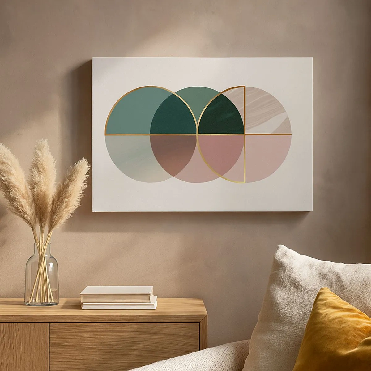 Tablou pe pânză Canvas - O compoziție abstractă de forme geometrice și linii aurii. - 70x50cm - Roată cu roată… - Decorațiune modernă pentru perete pentru living și dormitor ARTTOR