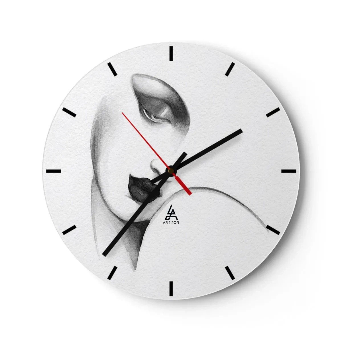 Ceas de perete - Ceas pe sticlă - Un portret minimalist al unei femei în nuanțe de gri. - 30x30cm - În stilul Lempickei - Decorațiune modernă pentru perete pentru living, bucătărie și dormitor ARTTOR