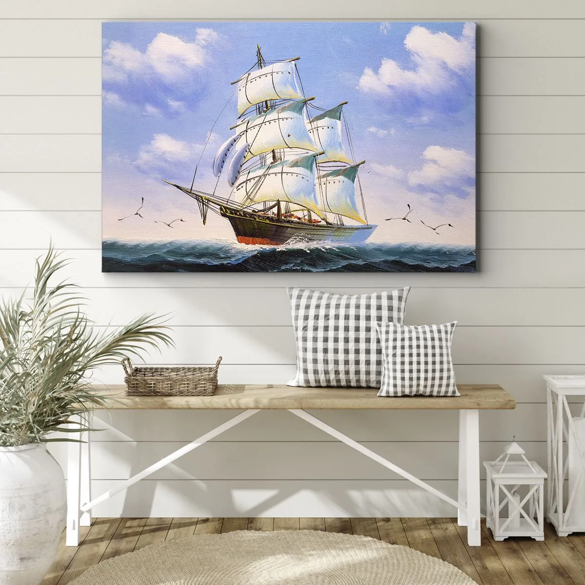 Tablou pe pânză Canvas - O navă cu pânze pe marea deschisă sub un cer albastru - 70x50cm - Cu mândrie în vânt - Decorațiune modernă pentru perete pentru living și dormitor ARTTOR