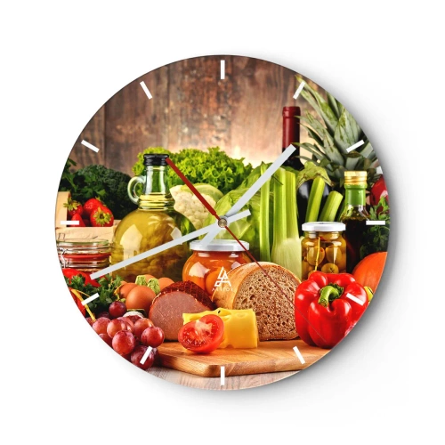 Ceas de perete - Ceas pe sticlă - Diverse produse alimentare pe un fundal de lemn - 30x30cm - Afumate, prăjite, marinate - Decorațiune modernă pentru perete pentru living, bucătărie și dormitor ARTTOR