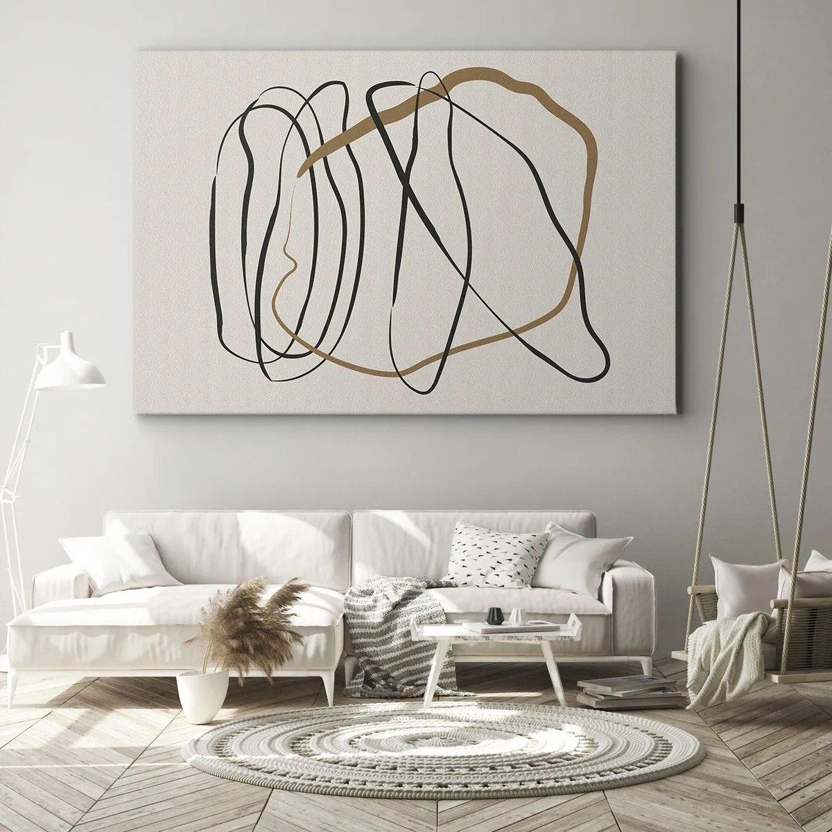 Tablou pe pânză Canvas - Linii artistice în negru și auriu pe un fundal deschis - 70x50cm - Compoziție - Dans posesiv - Decorațiune modernă pentru perete pentru living și dormitor ARTTOR