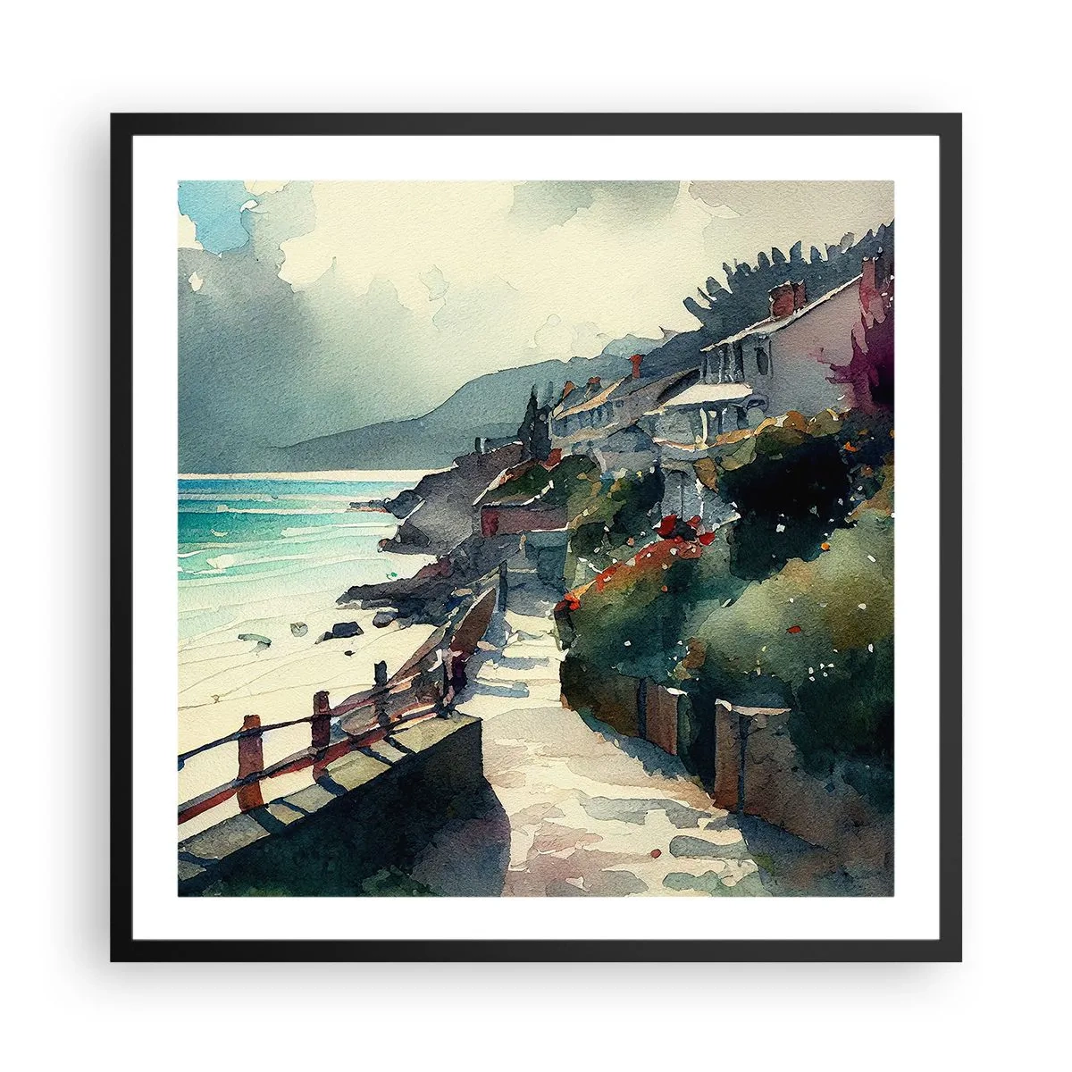 Poster în ramă neagră - Orășel mediteraneean - 60x60 cm