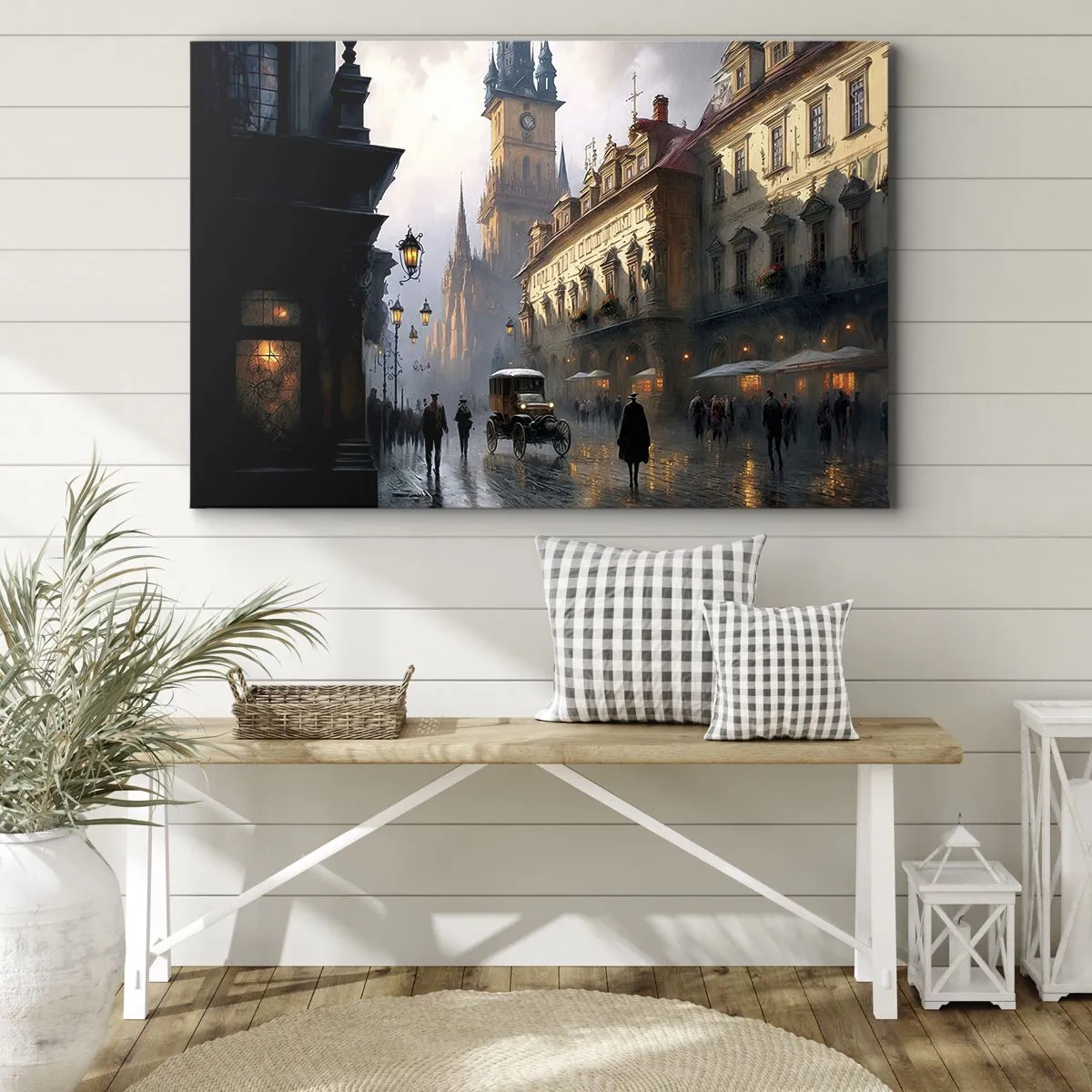 Tablou pe pânză Canvas - Scenă stradală de seară cu arhitectură istorică - 70x50cm - Magia unei seri la Praga - Decorațiune modernă pentru perete pentru living și dormitor ARTTOR