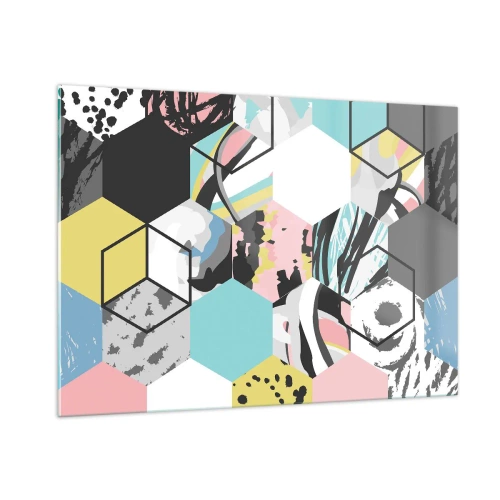 Tablou pe sticlă - Hexagoane și cuburi în șase culori - 100x70 cm