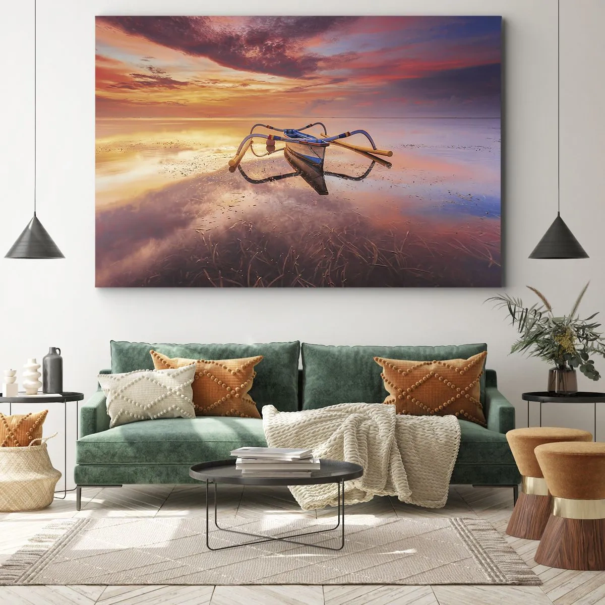 Tablou pe pânză Canvas - O barcă pe ape calme la apus - 70x50cm - Liniștea unei seri tropicale - Decorațiune modernă pentru perete pentru living și dormitor ARTTOR