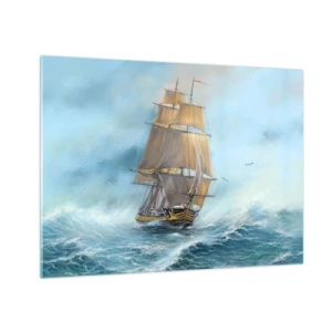 Tablou pe sticlă - O corabie cu pânze pe o mare furtunoasă, într-un stil pictural - 70x50cm - Rulează pe valuri - Decorațiune modernă pentru perete pentru living și dormitor ARTTOR