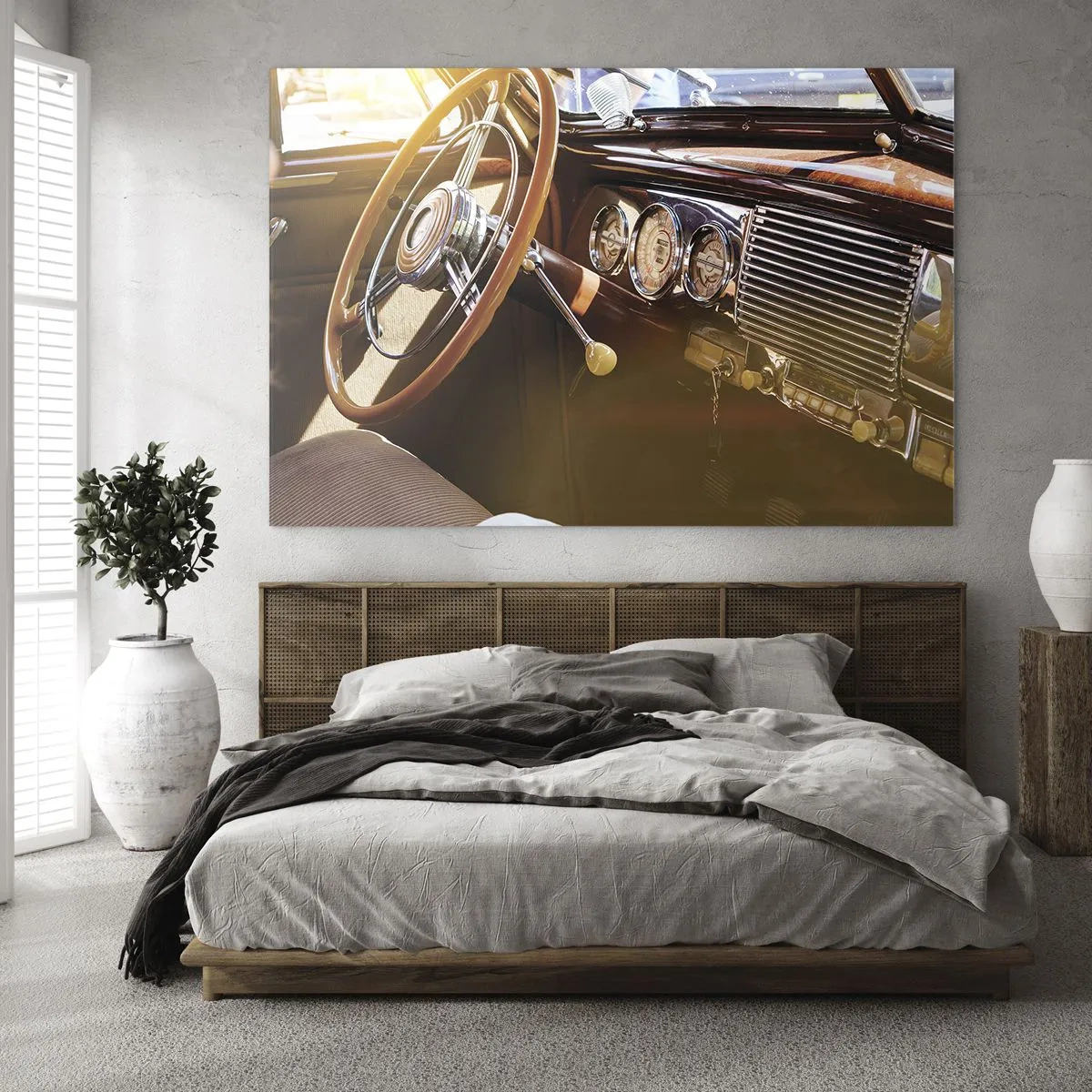 Tablou pe sticlă - Interiorul unei mașini de epocă cu volan din lemn - 70x50cm - O adiere de lux din trecut - Decorațiune modernă pentru perete pentru living și dormitor ARTTOR
