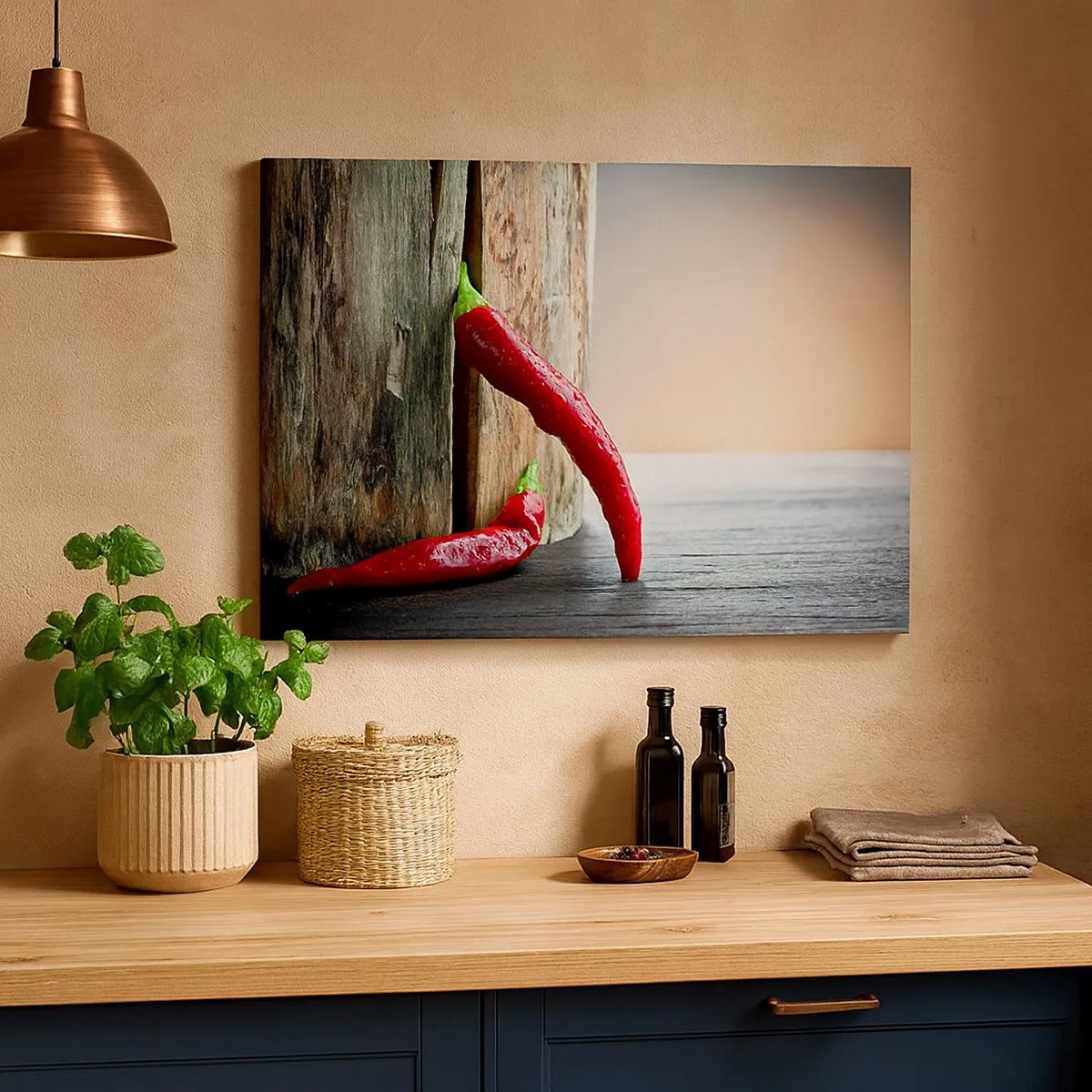 Tablou pe pânză Canvas - Doi ardei iute roșii pe un fundal de lemn cu accent rustic - 70x50cm - Red hot chili peppers - Decorațiune modernă pentru perete pentru living și dormitor ARTTOR