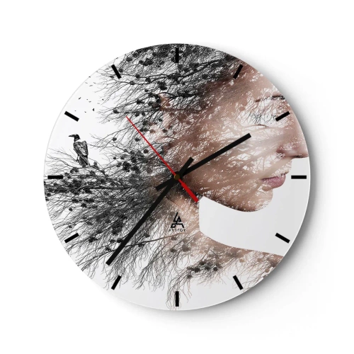 Ceas de perete - Ceas pe sticlă - Profil artistic al unei femei cu motiv de crengi și păsări pe fundal alb. - 30x30cm - Spiritul pădurii - Decorațiune modernă pentru perete pentru living, bucătărie și dormitor ARTTOR