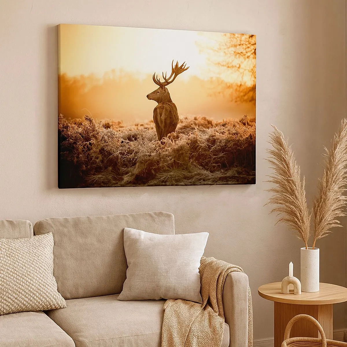 Tablou pe pânză Canvas - Cerbi în razele soarelui care răsare - 70x50cm - Stăpânul conacului - Decorațiune modernă pentru perete pentru living și dormitor ARTTOR