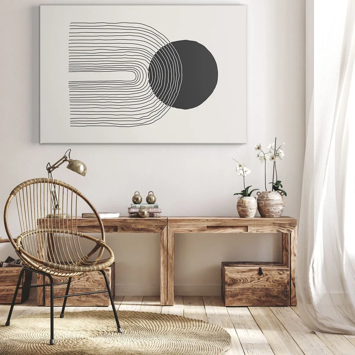Tablou pe pânză Canvas - Model abstract cu linii și un cerc negru pe un fundal deschis - 70x50cm - Tremurând și încrezător - Decorațiune modernă pentru perete pentru living și dormitor ARTTOR