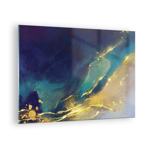 Tablou pe sticlă - O compoziție abstractă în nuanțe de albastru marin, turcoaz și auriu - 70x50cm - Baltă de aur - Decorațiune modernă pentru perete pentru living și dormitor ARTTOR