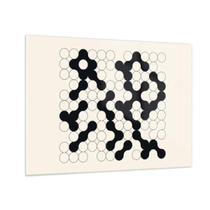 Tablou pe sticlă - Un mozaic grafic alb-negru compus din puncte conectate. - 70x50cm - Joc chinezesc - o variație - Decorațiune modernă pentru perete pentru living și dormitor ARTTOR