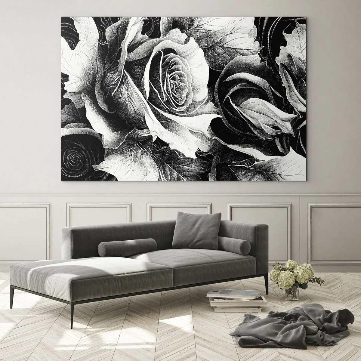 Tablou pe sticlă - Aranjament floral cu trandafiri alb-negru și detalii - 70x50cm - Mereu regina - Decorațiune modernă pentru perete pentru living și dormitor ARTTOR
