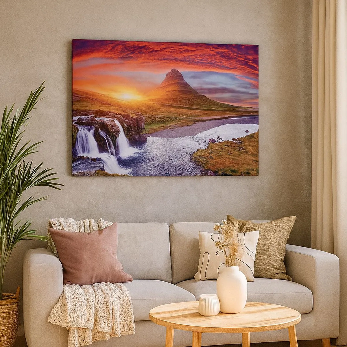 Tablou pe pânză Canvas - Peisaj montan cu o cascadă la apus - 70x50cm - Imaginea Pământului de Mijloc - Decorațiune modernă pentru perete pentru living și dormitor ARTTOR