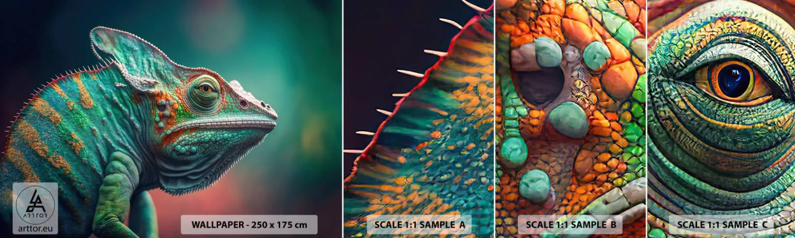 Mostră tapet autocolant Deluxe Sticker - Mă poți vedea? Nu e bine... - Cameleon, Animale, reptilă - 100x30 cm