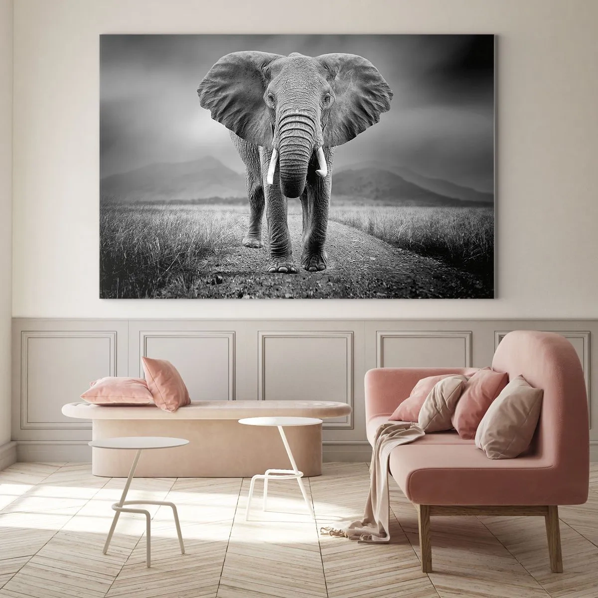 Tablou pe sticlă - Elefant în savană, în alb și negru - 70x50cm - Gazda te salută - Decorațiune modernă pentru perete pentru living și dormitor ARTTOR