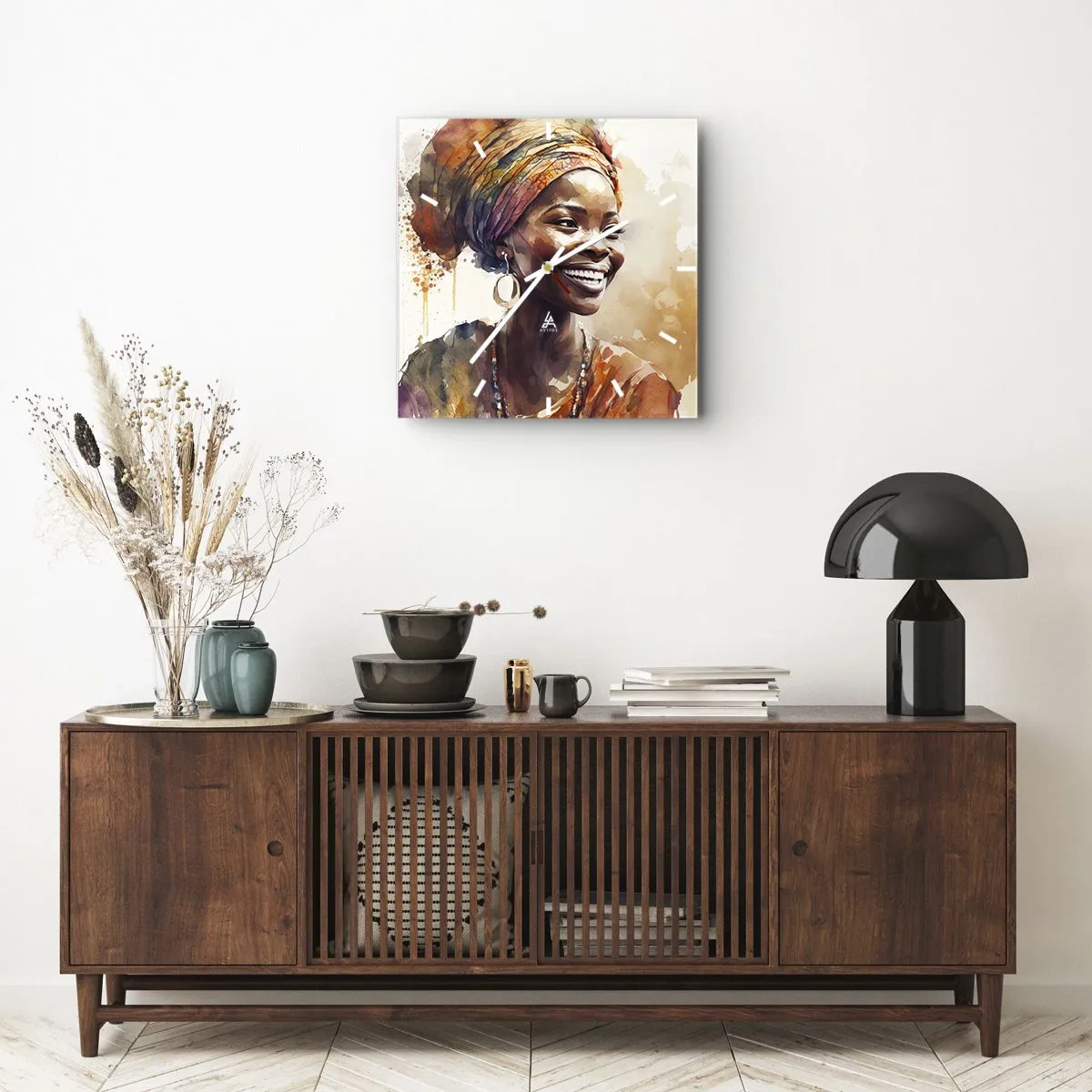 Ceas de perete - Ceas pe sticlă - Regina africană - 40x40 cm