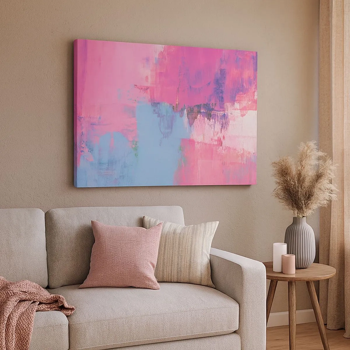 Tablou pe pânză Canvas - Compoziție abstractă în roz și albastru - 70x50cm - Roz, albastru și un strop de lumină - Decorațiune modernă pentru perete pentru living și dormitor ARTTOR