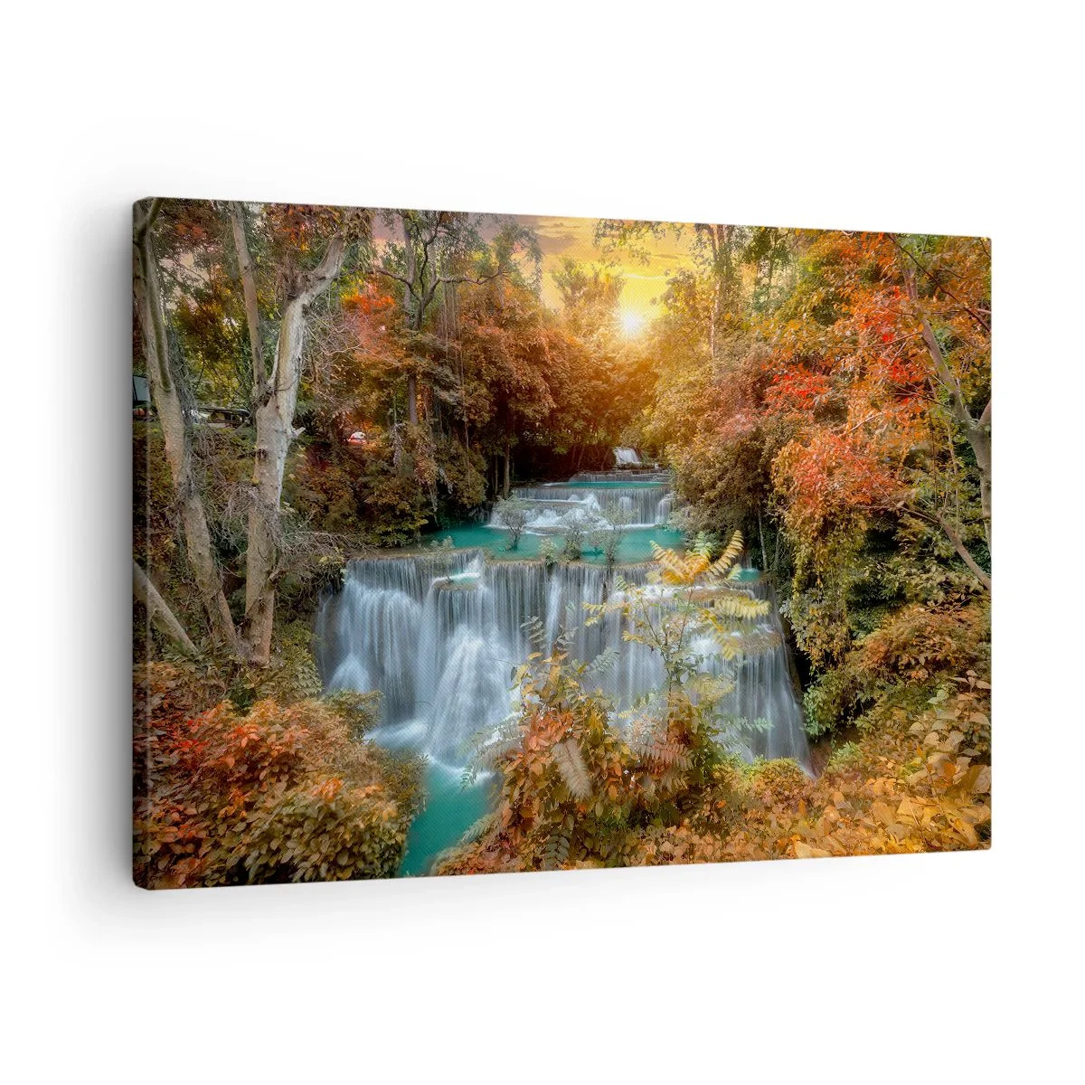 Tablou pe pânză Canvas - Cascadă de toamnă înconjurată de copaci colorați în lumina soarelui - 70x50cm - Comoara ascunsă a pădurii - Decorațiune modernă pentru perete pentru living și dormitor ARTTOR