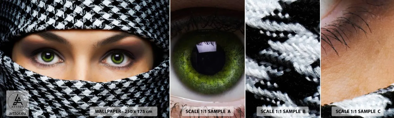 Mostră tapet autocolant Deluxe Sticker - Un portret al unei frumuseți cu ochii verzi - Femeie, Ochi, Cultură - 100x30 cm