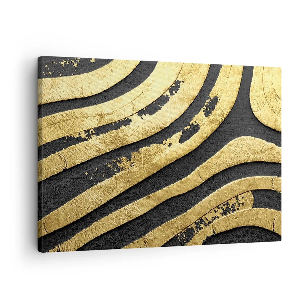Tablou pe pânză Canvas - Valuri abstracte aurii pe fundal negru - 70x50cm - Totul curge - Decorațiune modernă pentru perete pentru living și dormitor ARTTOR
