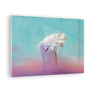 Tablou pe sticlă - O floare delicată cufundată în nuanțe pastelate de albastru și roz - 70x50cm - Viața de după flori - Decorațiune modernă pentru perete pentru living și dormitor ARTTOR