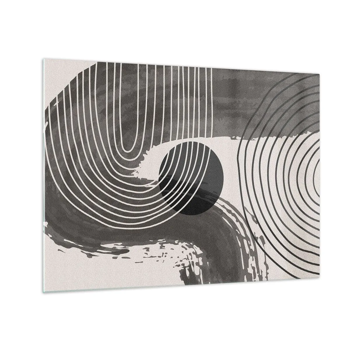 Tablou pe sticlă - Abstracție modernă cu linii albe și negre și un oval - 70x50cm - Ovalul câștigă - Decorațiune modernă pentru perete pentru living și dormitor ARTTOR