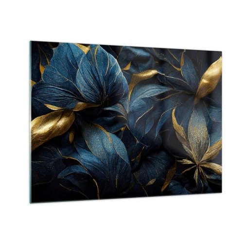 Tablou pe sticlă - Frunze albastru închis cu accente subtile aurii - 70x50cm - Căptușită cu aur - Decorațiune modernă pentru perete pentru living și dormitor ARTTOR