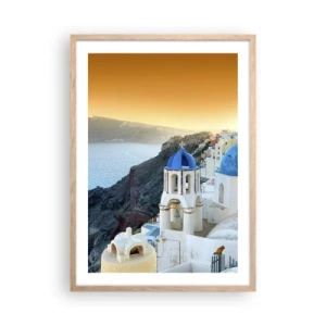 Poster în ramă de stejar deschis - Santorini - îmbrățișat de stânci - 50x70 cm