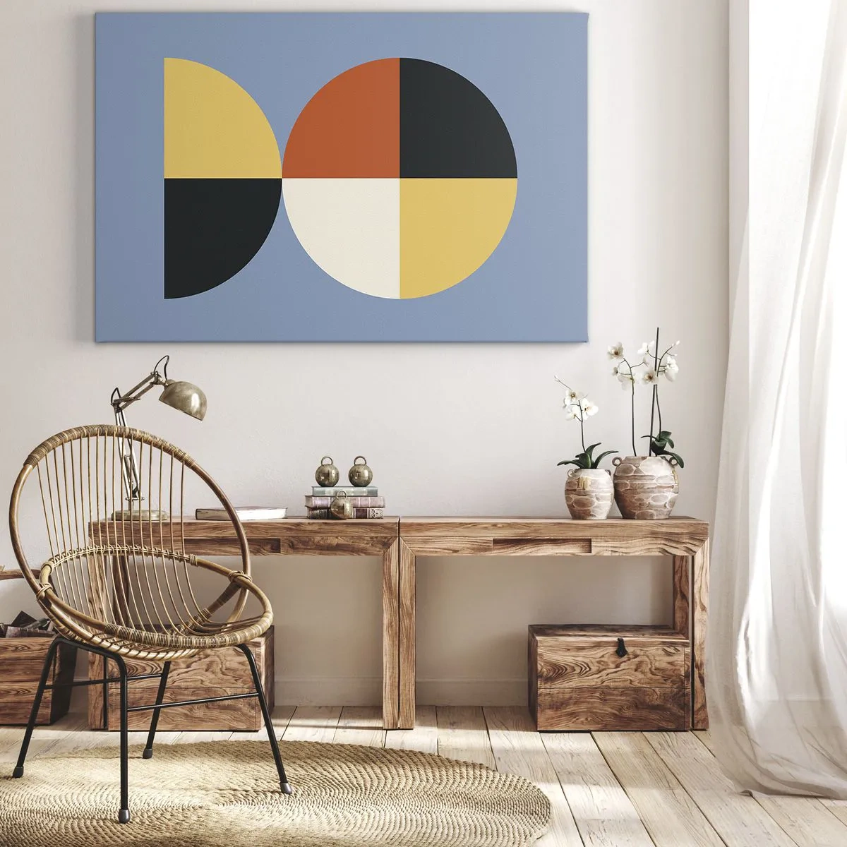 Tablou pe pânză Canvas - Cercuri geometrice pe fundal albastru - 70x50cm - Uită-te și numără - Decorațiune modernă pentru perete pentru living și dormitor ARTTOR