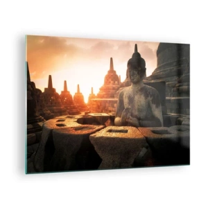 Tablou pe sticlă - O statuie a lui Buddha iluminată de apusul soarelui într-un complex de temple antice - 70x50cm - Vreme de mare înțelepciune - Decorațiune modernă pentru perete pentru living și dormitor ARTTOR