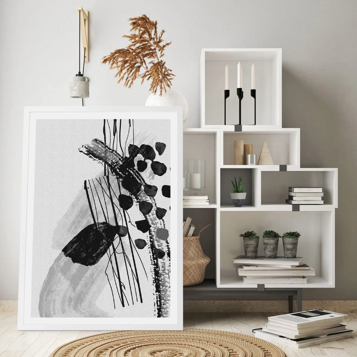 Poster în ramă albă - Abstracție organică în negru și alb - 70x100 cm