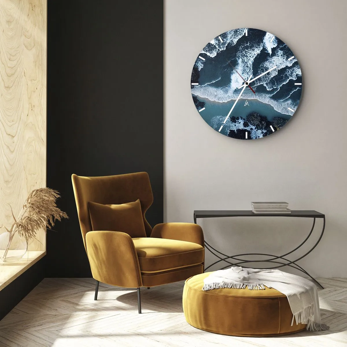 Ceas de perete - Ceas pe sticlă - Valuri care se izbesc de țărm văzute din perspectiva unei păsări - 30x30cm - Înfășurate în valuri - Decorațiune modernă pentru perete pentru living, bucătărie și dormitor ARTTOR