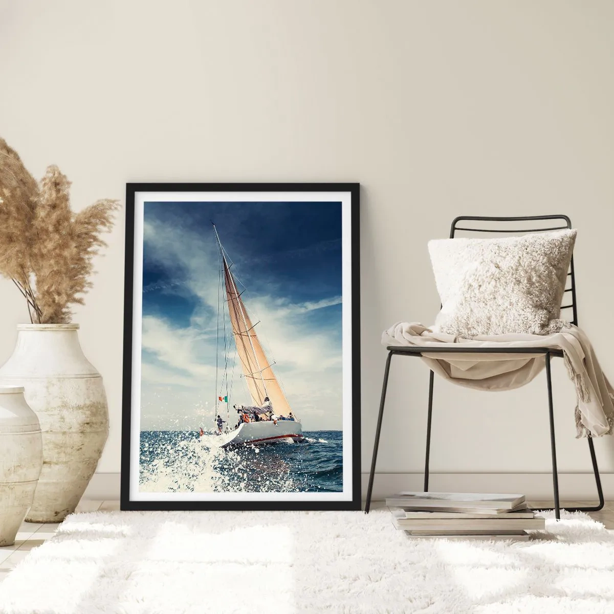 Poster în ramă neagră - O barcă cu pânze în largul mării sub un cer albastru - 50x70cm - Nu ne vor prinde din urmă! - Decorațiune modernă pentru perete pentru living și dormitor ARTTOR