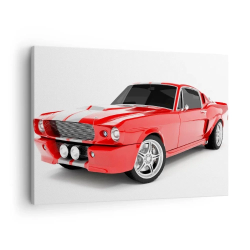 Tablou pe pânză Canvas - Mașină sport roșie cu dungi albe - 70x50cm - Mustang la fel de rapid ca vântul - Decorațiune modernă pentru perete pentru living și dormitor ARTTOR