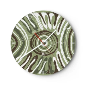 Ceas de perete - Ceas pe sticlă - Compoziție simetrică verde și maro cu modele concentrice - 30x30cm - Explozie de emoții - Decorațiune modernă pentru perete pentru living, bucătărie și dormitor ARTTOR