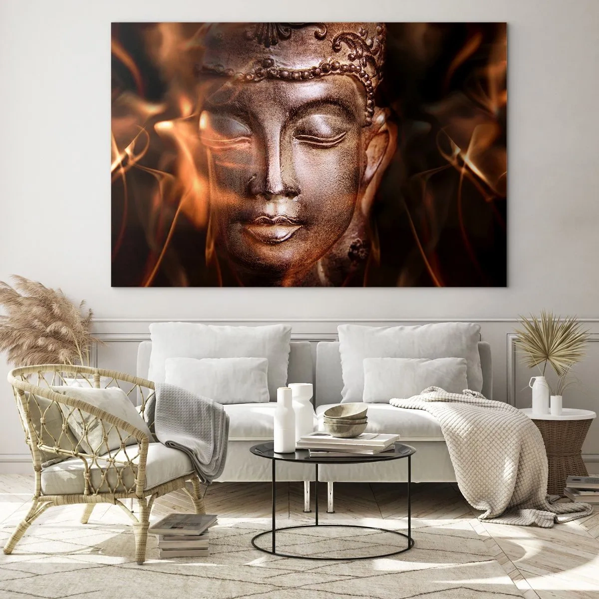Tablou pe sticlă - Fața încețoșată a lui Buddha în nuanțe calde de auriu și maro - 70x50cm - Există doar aici și acum - Decorațiune modernă pentru perete pentru living și dormitor ARTTOR