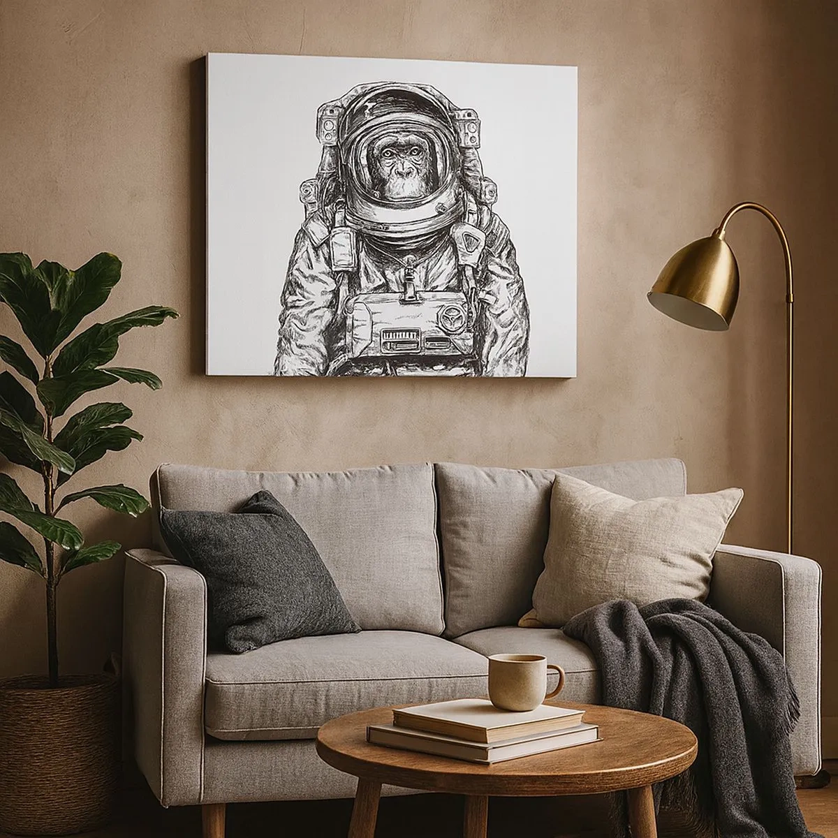 Tablou pe pânză Canvas - Grafică a unui astronaut într-un costum spațial cu cap de maimuță - 70x50cm - Evoluție alternativă - Decorațiune modernă pentru perete pentru living și dormitor ARTTOR