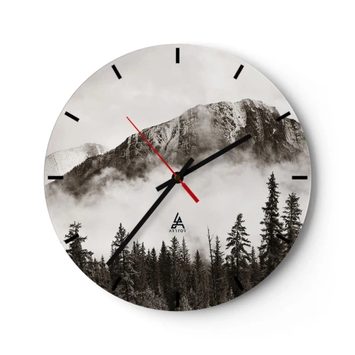 Ceas de perete - Ceas pe sticlă - Peisaj montan cu pădure într-o atmosferă cețoasă - 30x30cm - Stăpânul de granit - Decorațiune modernă pentru perete pentru living, bucătărie și dormitor ARTTOR