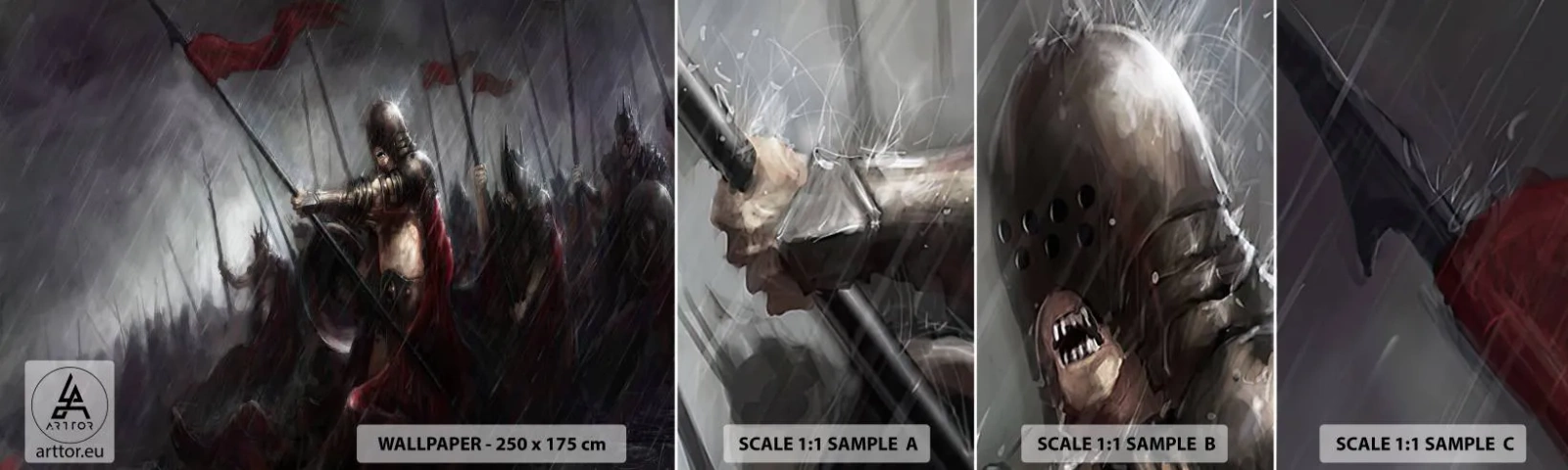 Mostră tapet autocolant Deluxe Sticker - Trecătorule, spune-i Spartei.. - Cavaler în armură, Armată, Abstracția - 100x30 cm