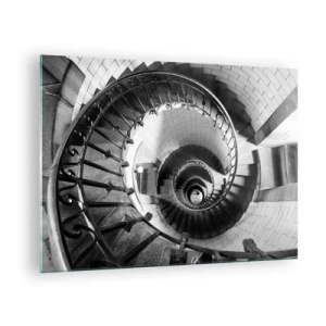 Tablou pe sticlă - Fotografie alb-negru a unei scări în spirală în perspectivă - 70x50cm - Din ce în ce mai sus - Decorațiune modernă pentru perete pentru living și dormitor ARTTOR
