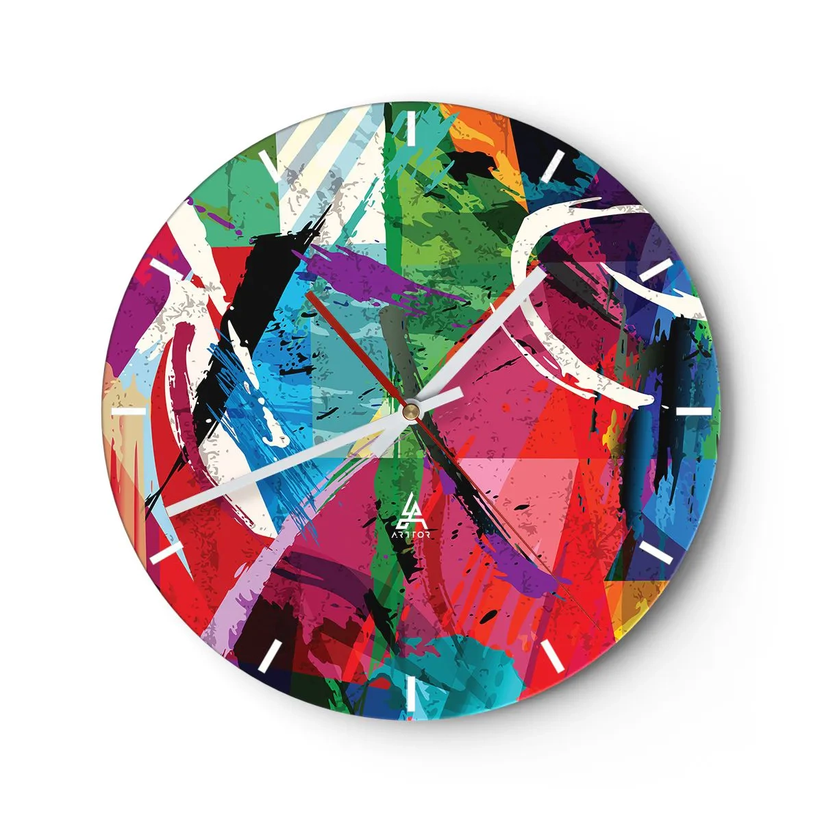 Ceas de perete - Ceas pe sticlă - Un model abstract cu culori intense și linii dinamice. - 30x30cm - Rapid, vioi și plin de viață - Decorațiune modernă pentru perete pentru living, bucătărie și dormitor ARTTOR