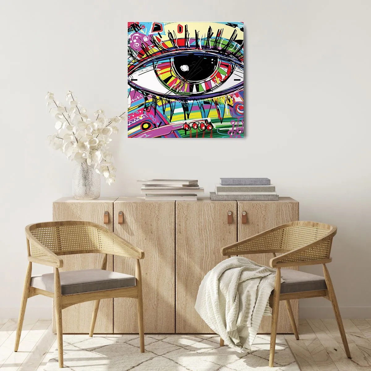 Ceas de perete - Ceas pe sticlă - Un ochi colorat - un suflet colorat - 30x30 cm