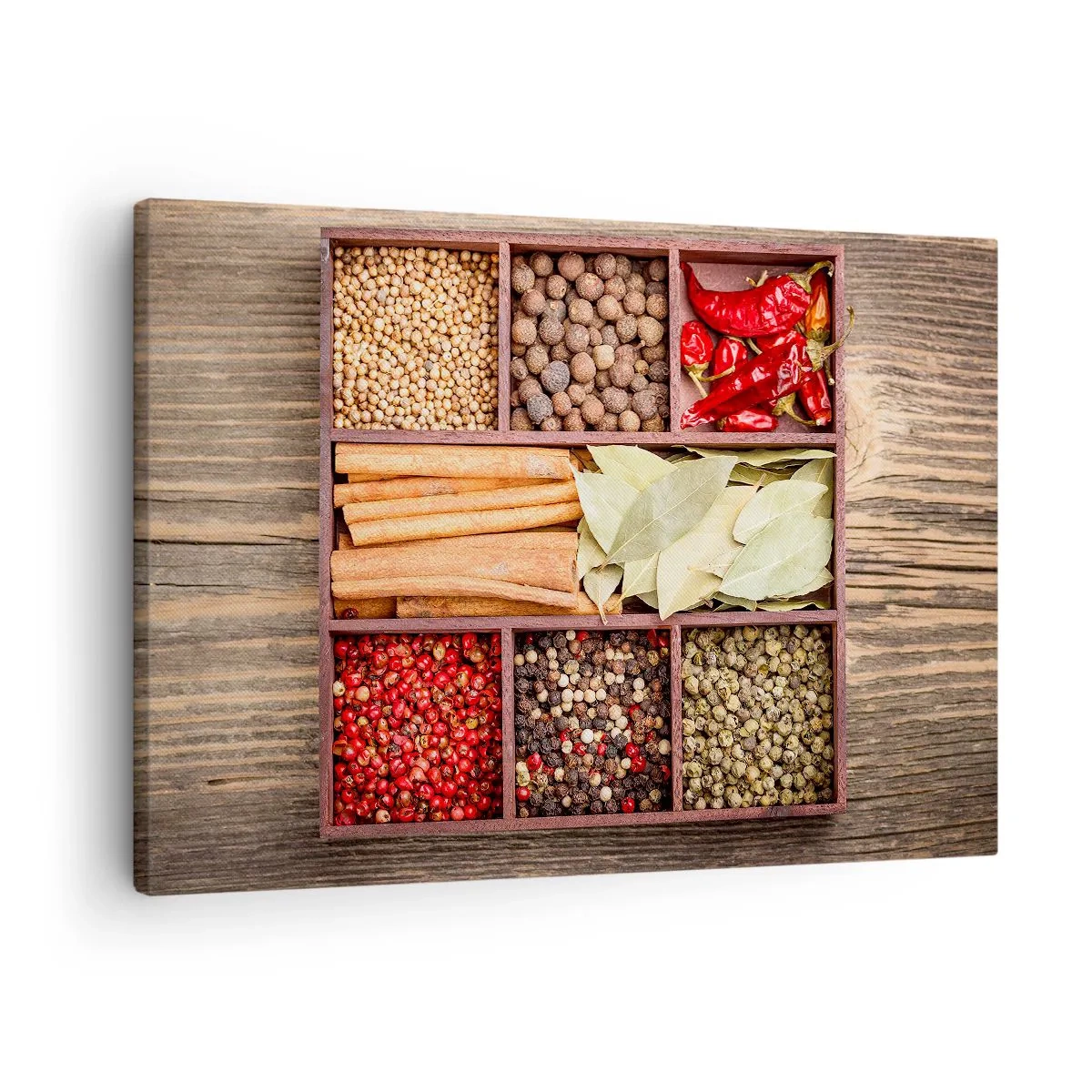 Tablou pe pânză Canvas - Cutie de lemn cu diverse condimente în compartimente - 70x50cm - Ordine de forme, buchet de arome - Decorațiune modernă pentru perete pentru living și dormitor ARTTOR