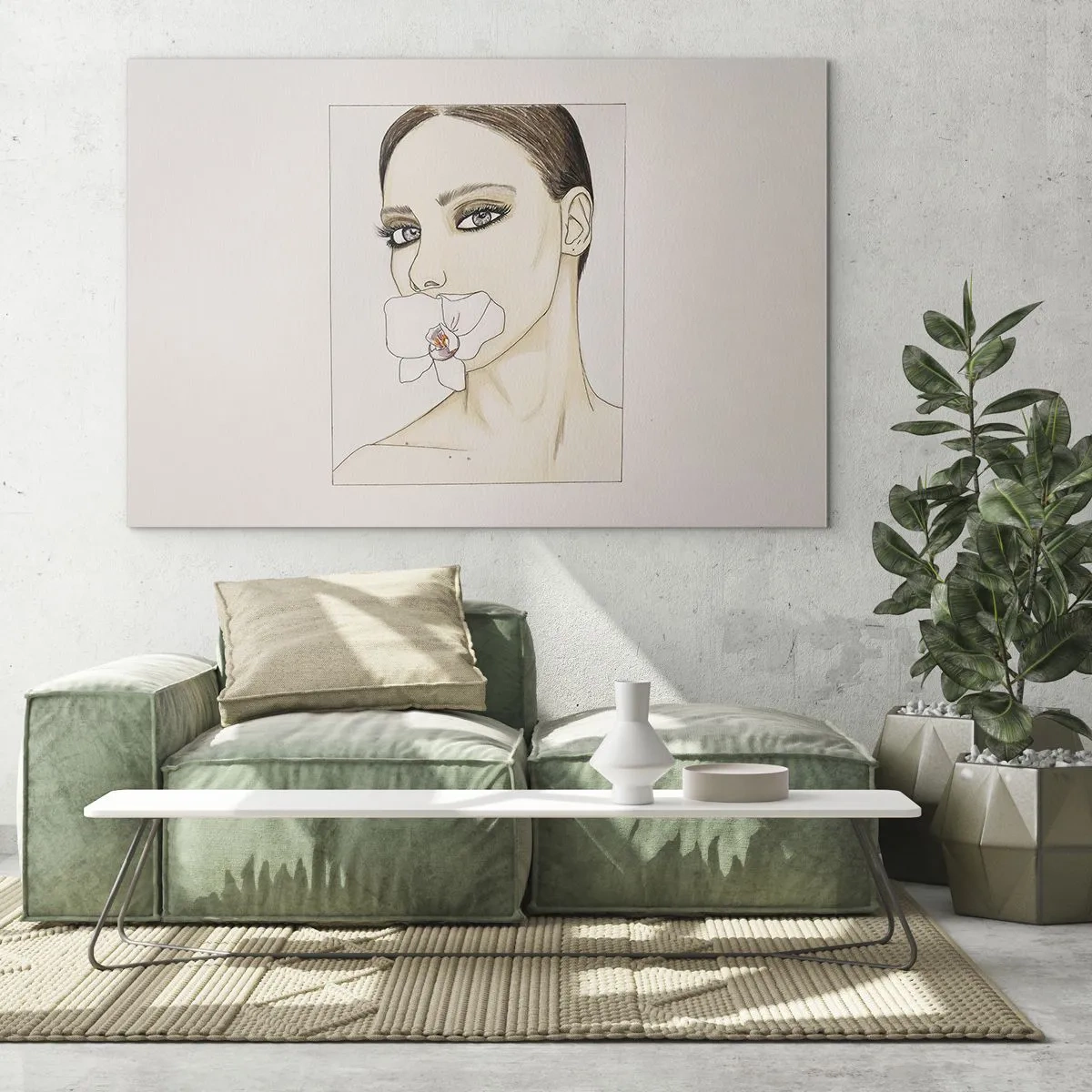 Tablou pe sticlă - Portretul unei femei cu o orhidee în gură pe un fundal deschis - 70x50cm - Un simbol al eleganței și frumuseții - Decorațiune modernă pentru perete pentru living și dormitor ARTTOR