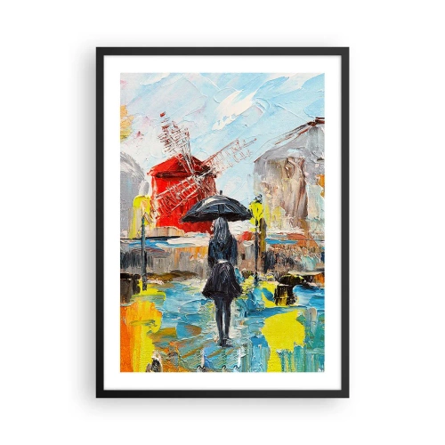 Poster în ramă neagră - O femeie cu o umbrelă pe fundalul unui oraș în ploaie - 50x70cm - Legende pariziene - Decorațiune modernă pentru perete pentru living și dormitor ARTTOR