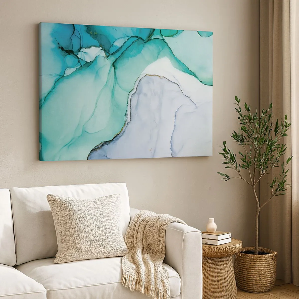 Tablou pe pânză Canvas - Model abstract în nuanțe de turcoaz și alb - 70x50cm - Studiu în turcoaz - Decorațiune modernă pentru perete pentru living și dormitor ARTTOR