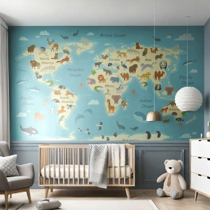 Tapet Premium Canvas - Vecini buni - Harta lumii, Harta cu animale, Animale - 450x315 cm